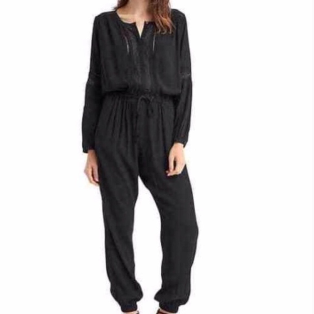 GAP Embroidered Black Lace Sz S Jumpsuit Drawstring Boho Trim